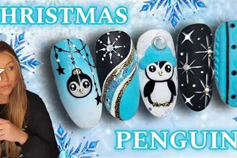 🐧 Easy Christmas Penguin Nail Art | Snowflake Glitter Bauble | Cable Knit Sweater Nails | Xmas..