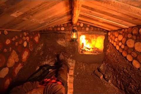 Build a Ecological survivor hut underground with large fireplace for the winter, Bushcraft skills