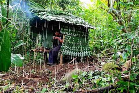 BUILD A WARM SHELTER IN THE WILD FOREST FROM A LOG CABIN, SURVIVAL SKILLS, HEAVY RAIN THUNDER