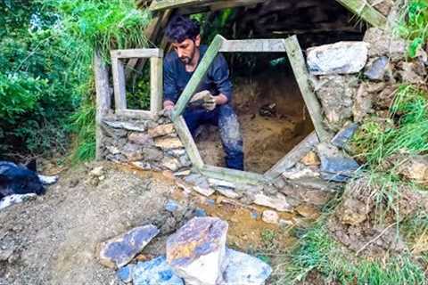 Building a WOOD and ROCK Bushcraft SHELTER for SURVIVAL. Fireplace Cooking - Wild Camping