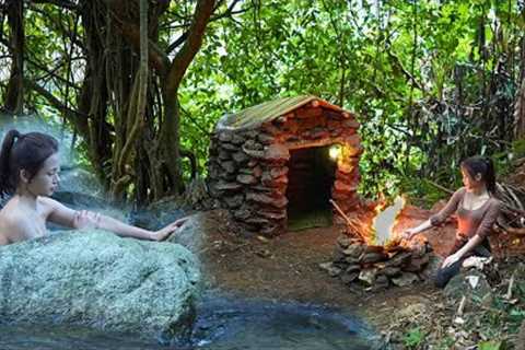Solo bushcraft survival, Build a warm shelter out of stone and wood - Outdoor wild camping