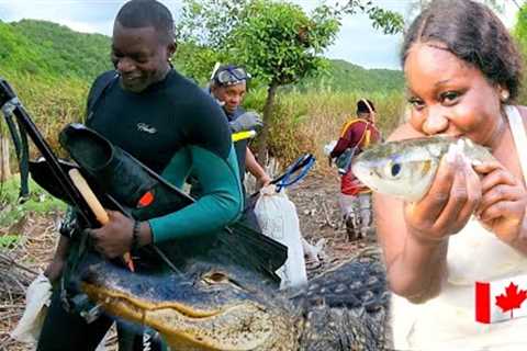 great day out #hunting Bushman style in🐊 water catch clean roasted unopened 🔥 with subscribers🇨🇦