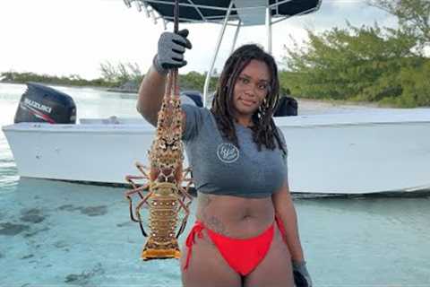 CATCHING GIANT LOBSTER ON A POLE CATCH, CLEAN &amp; COOK EXUMA BAHAMAS