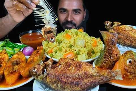 ASMR EATING FISH CURRY, WHOLE FISH FRY, VEGETABLE PULAO &amp; SALAD MUKBANG | FOOD CHALLENGE ASMR..