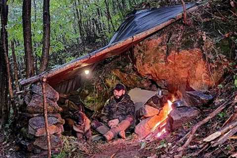 Bushcraft SURVIVAL CAMPING in the RAIN - Stone Shelter Build, Outdoor Cooking, Nature Adventure