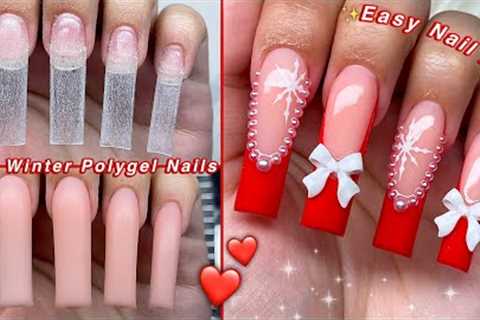RED WINTER POLYGEL NAILS❤️ POLYGEL APPLICATION &amp; EASY NAIL ART! | Nail Tutorial