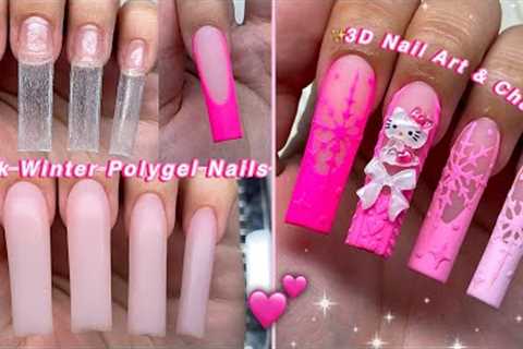 PINK WINTER POLYGEL NAILS💕 EASY POLYGEL APPLICATION &amp; 3D NAIL ART CHARMS DESIGN! | Nail..