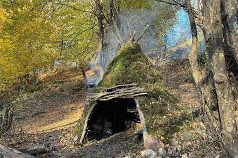 Autumn Bushcraft survival &amp; Building Warm Shelter With One Ax, Forest Fruit, Fountain,solo..