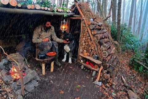 7 Days SOLO CAMPING In HEAVY RAIN, THUNDER - Building Warm BUSHCRAFT SHELTER - SURVIVAL Skills