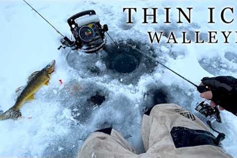 Thin Ice Gull Lake Walleye Fishing! (Catch &amp; Cook Fish Sandwich)