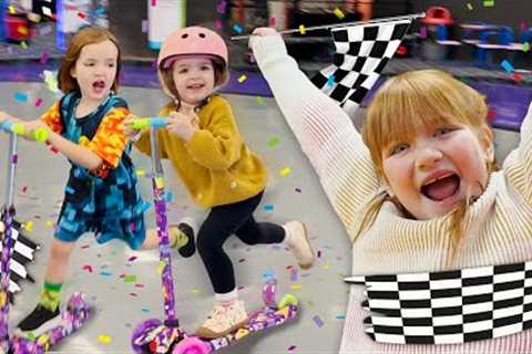 RACiNG SCOOTERS and RiDiNG ROLLERBLADES!!  Adley Niko &amp; Navey play Laser Tag then slide Hide n..