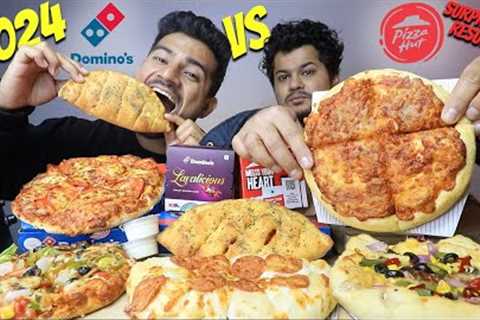 INDIAN DOMINO'S vs PIZZA HUT CHEESY CHICKEN PEPPERONI PIZZA, VEG SUPREME PIZZA, GARLIC BREAD MUKBANG