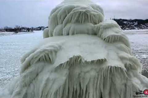 Grand Haven Michigan FROZEN Stunning Natural Ice Sculptures Must See 4K Drone Footage