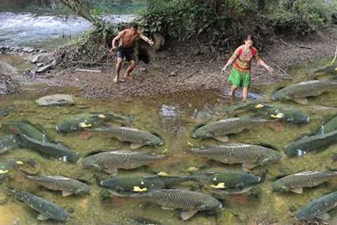 Skills Survival: Solo Bushcraft OFF GIRD LIVING, Catch A Lot Fish in Puddles