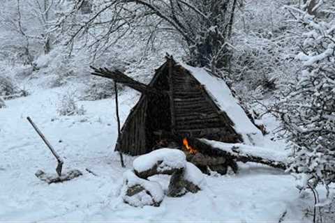 Winter Bushcraft &amp; Building A Warm Bushcraft Tiny House In The Wild Snowy Forest,Fireplace With ..