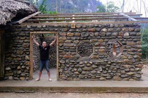 PRIMITIVE SKILLS; Build Stone House - BUILD LOG CABIN with many stones in the mountain