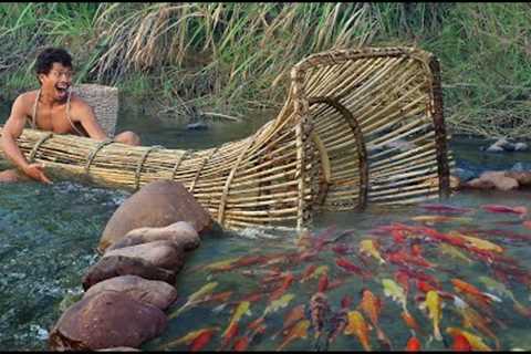 survival in the rainforest, using Rattan to lure fish, Catch fish using big traps
