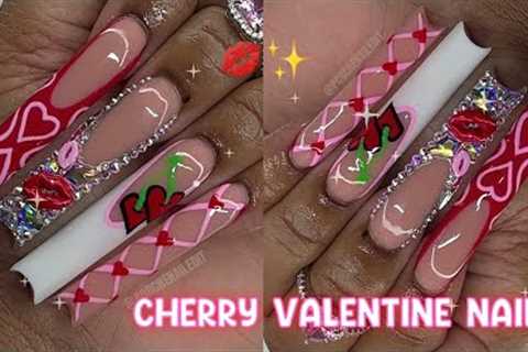 CHERRY VALENTINE NAIL FREESTYLE 💋✨🍒 | HOW TO BLING FRENCH 💎 FULL ACRYLIC NAIL TUTORIAL 🤍