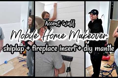MOBILE HOME MAKEOVER | BUILDING AN ACCENT WALL | SHIPLAP + FIREPLACE INSERT + DIY CHUNKY MANTLE