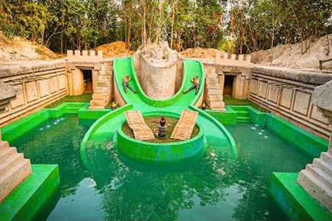 100 Days Survive in Rainforest Building Underground Water Slide Park and Swimming Pool House