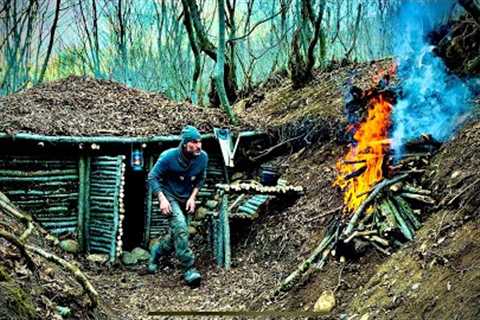 Bushcraft building complete dugout survival shelter, winter forest primitive stove, wood roof