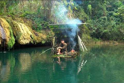 Building a Survival Shelter on the Water, Relaxing Fishing, Catch and Cook. Survival Camping