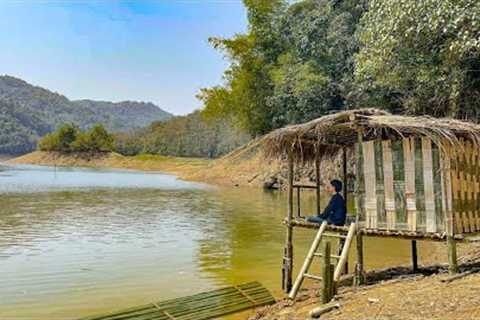 Complete Bamboo Walls and Railings, Smoked Fish and Grilled Catfish. Survival Shelter on the Lake