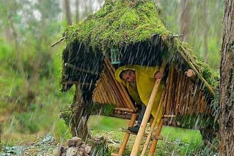 Camping alone building air survival shelter. Bushcraft. Camping in the rain