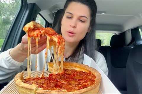 CHICAGO STYLE DEEP DISH PEPPERONI PIZZA | CAR MUKBANG | ASMR | EATING SOUNDS