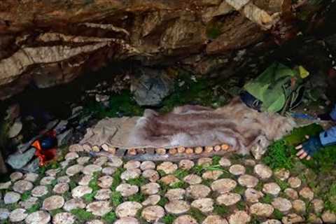 Build a WARM and COZY CAVE With a FIREPLACE Inside - Winter Survival camping, Fish Cooking, Diy