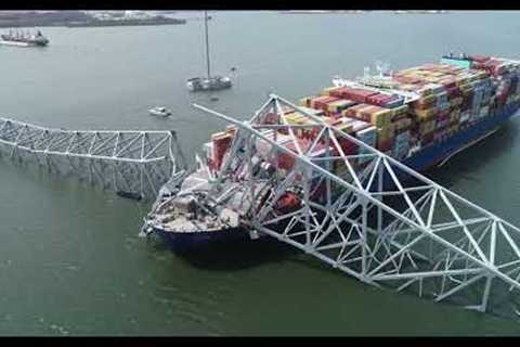 NTSB B-Roll - Aerial Imagery of Francis Scott Key Bridge and Cargo Ship Dali
