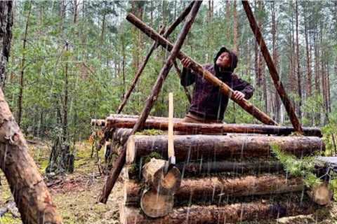 Building Wooden Cabin Off the Grid for Survival under Rain | Without Words | Start