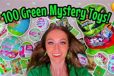 UNBOXING 100 *GREEN ONLY* MYSTERY TOYS!!🥳🍀🐸🍃💚 (RAINBOCORNS, L.O.L, MINI BRANDS, ROBLOX EGGS..