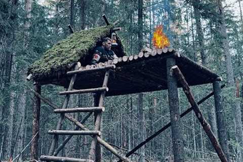SURVIVAL IN THE WILD FOREST. CONSTRUCTION OF A SAFE SHELTER AT HEIGHT. BUSHCRAFT IN NATURE. PART 1