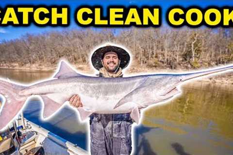 Catching PREHISTORIC DINOSAUR Fish in the RIVER!!! (Catch Clean Cook)