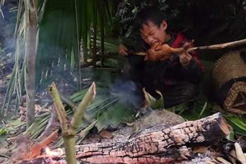 The orphan boy khai built a tent to sleep overnight in the forest set a trap of grilled wild chicken