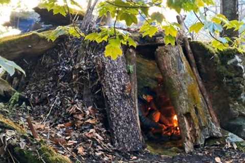 Rain Camping in Forest, Building Bushcraft Survival Shelter