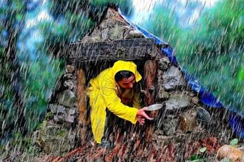 Camping under a strong storm building a survival shelter. Bushcraft. Camping in the rain