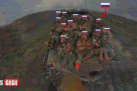 Brutal Moment! Ukrainian FPV drone blows up Russian armored vehicle with infantry on top