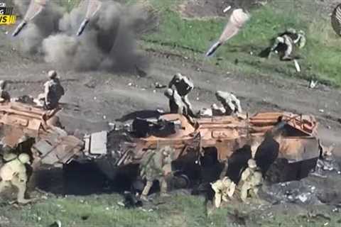 Ukraine Use Thermobaric Bomb on FPV Drone Kill 50 Russian Soldiers When Hiding Behind Destroyed Tank