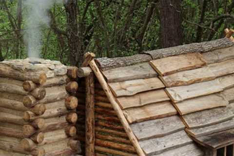 Building a Survival Cabin with Chimney-Fireplace &amp; Wooden Roof in the Wilderness