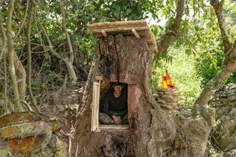 Build a survival shelter under a mysterious tree. Bushcraft Survival Shelter, Fishing and Cooking