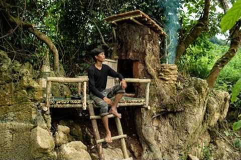 2 DAYS solo survival CAMPING under a giant tree, Fish Trap, Catch and Cook. Bushcraft Camping