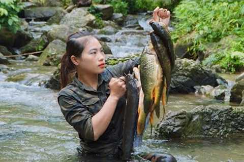 skills, catching stream fish, smoking fish meat making process, survival alone