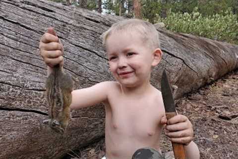 Survival Camping with 4 yr Old - Trapping, Knapping, Friction Fire &amp; Campfire Cooking