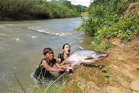 Survival in the rain forest, Meet 10 Kg Big fish  for survival food- Cooking big fish Delicious food