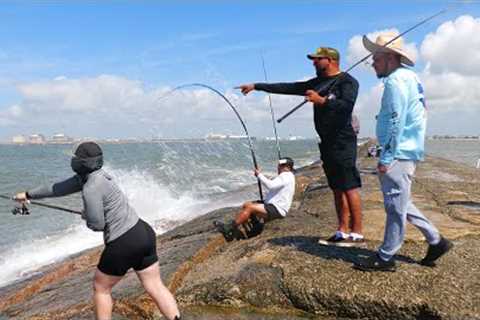Fisherman risks it all Catching 100lb BEAST Fishing the Jetty!! INSANE FISHING VIDEO!