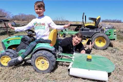 Hudson's new kids mower working on the farm cutting grass and hay | Tractors for kids