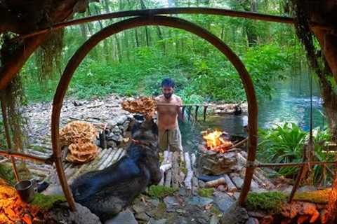 3 DAYS solo survival CAMPING. CATCH and COOK, Fishing. Giant MUSHROOM. Building BUSHCRAFT SHELTER
