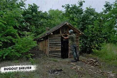 Building a Survival Dugout Shelter With Fireplace &amp; Grass Roof - FROM SCRATCH